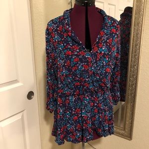 ModCloth navy blue floral peplum blouse